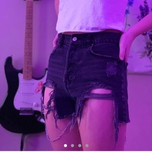 High waisted five button black ripped shorts